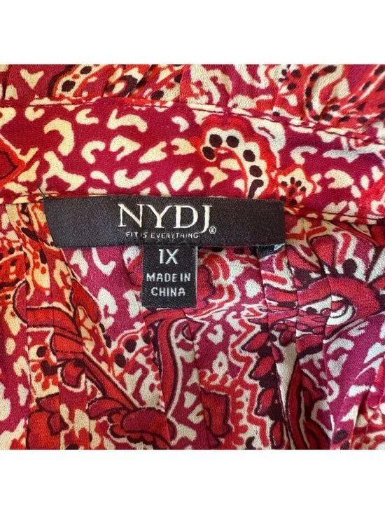 NWOT NYDJ Womens Red Paisley Pintucked Pleated 1/4 Button Front Blouse Size 1X - Picture 10 of 14